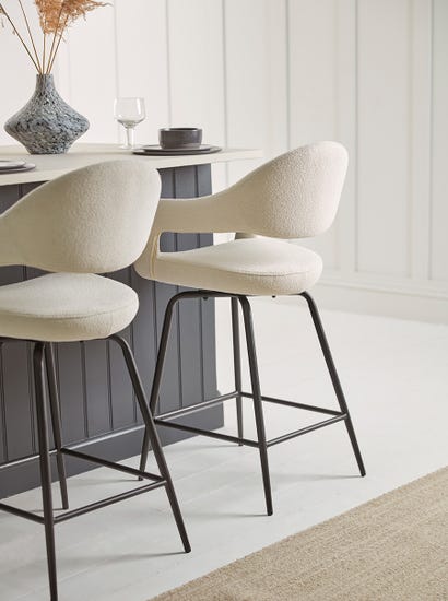 Two Bouclé Counter Stools - White