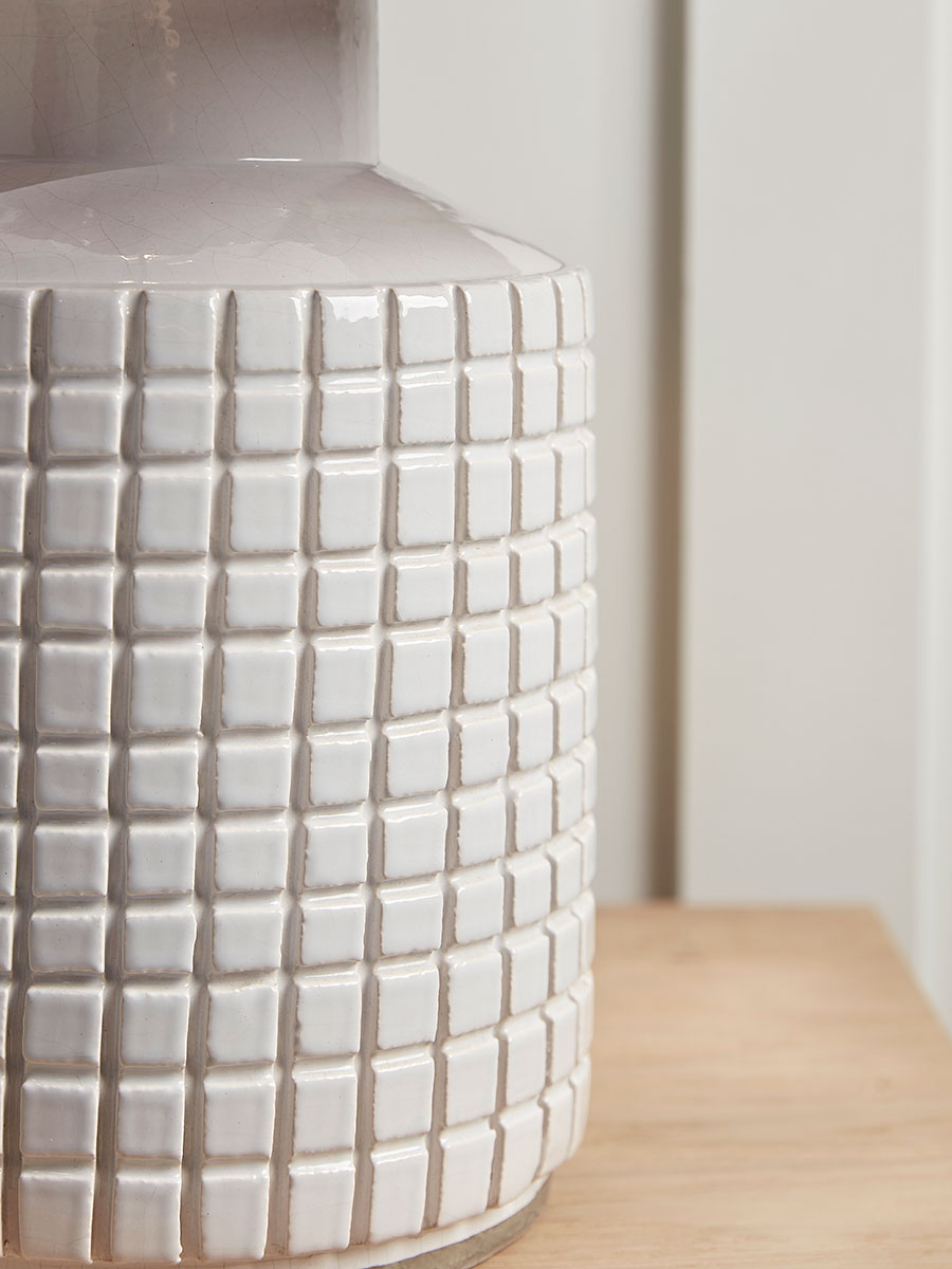 Product photograph of White Grid Table Lamp from Cox and Cox.