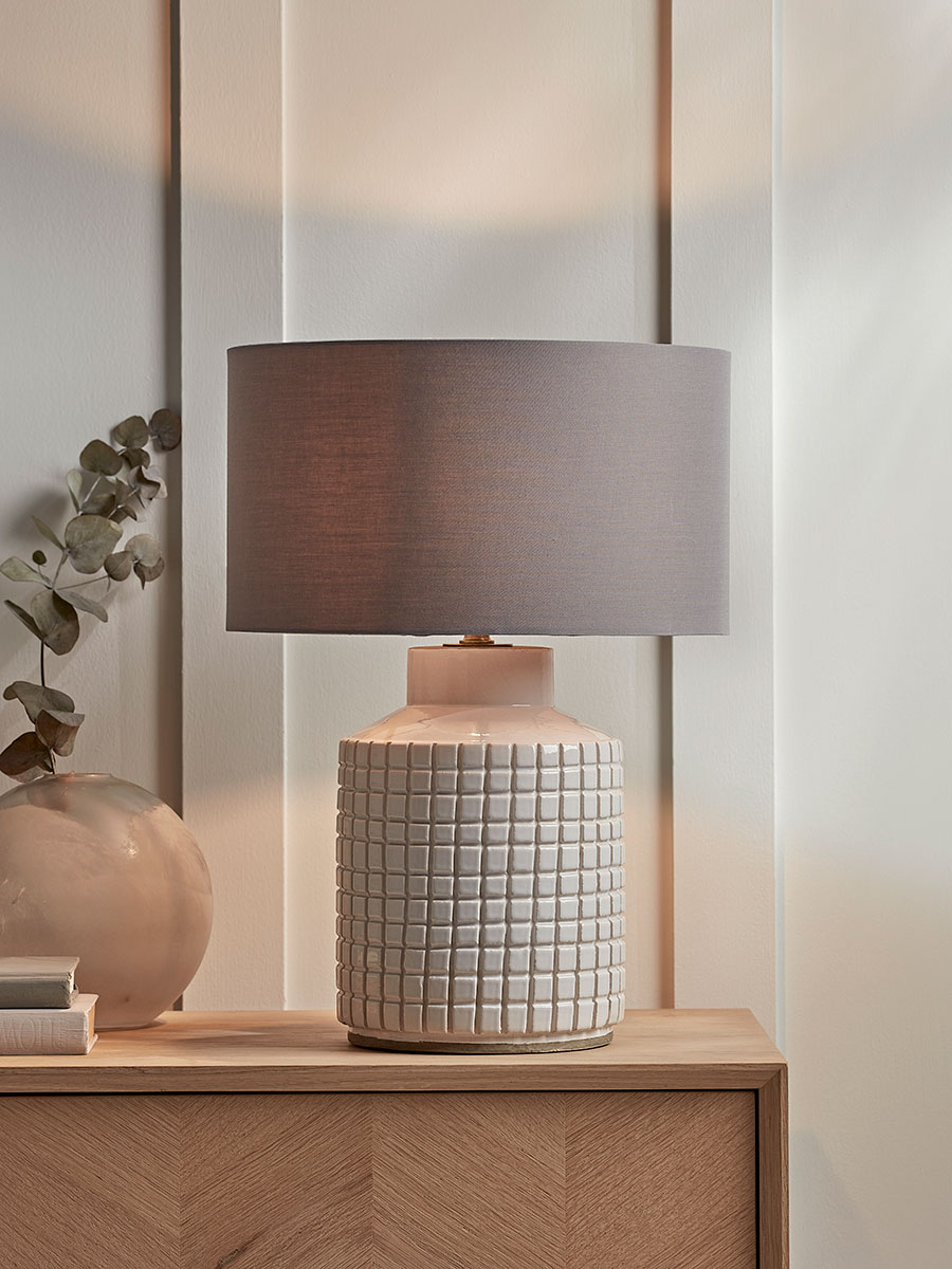 Product photograph of White Grid Table Lamp from Cox and Cox.