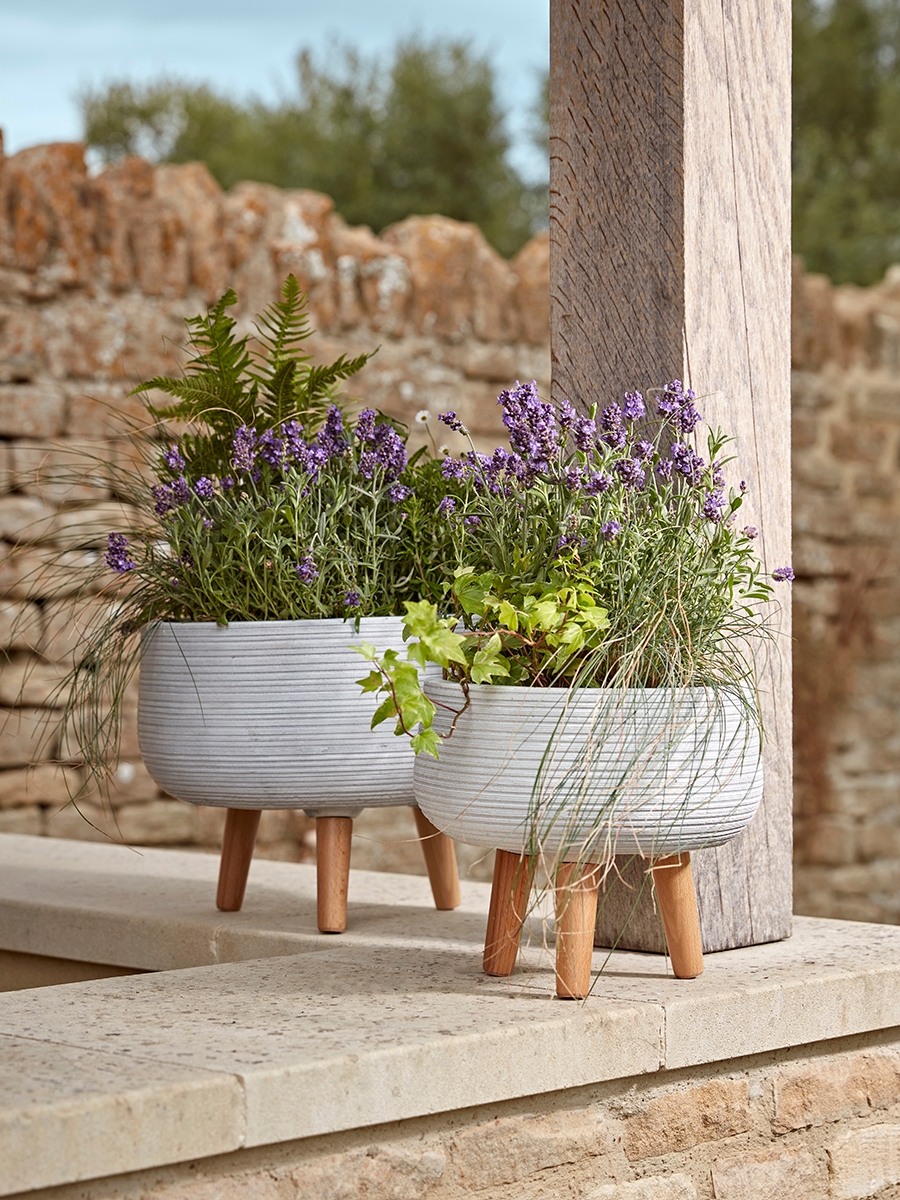 Photo of Two striped standing low planters - light grey