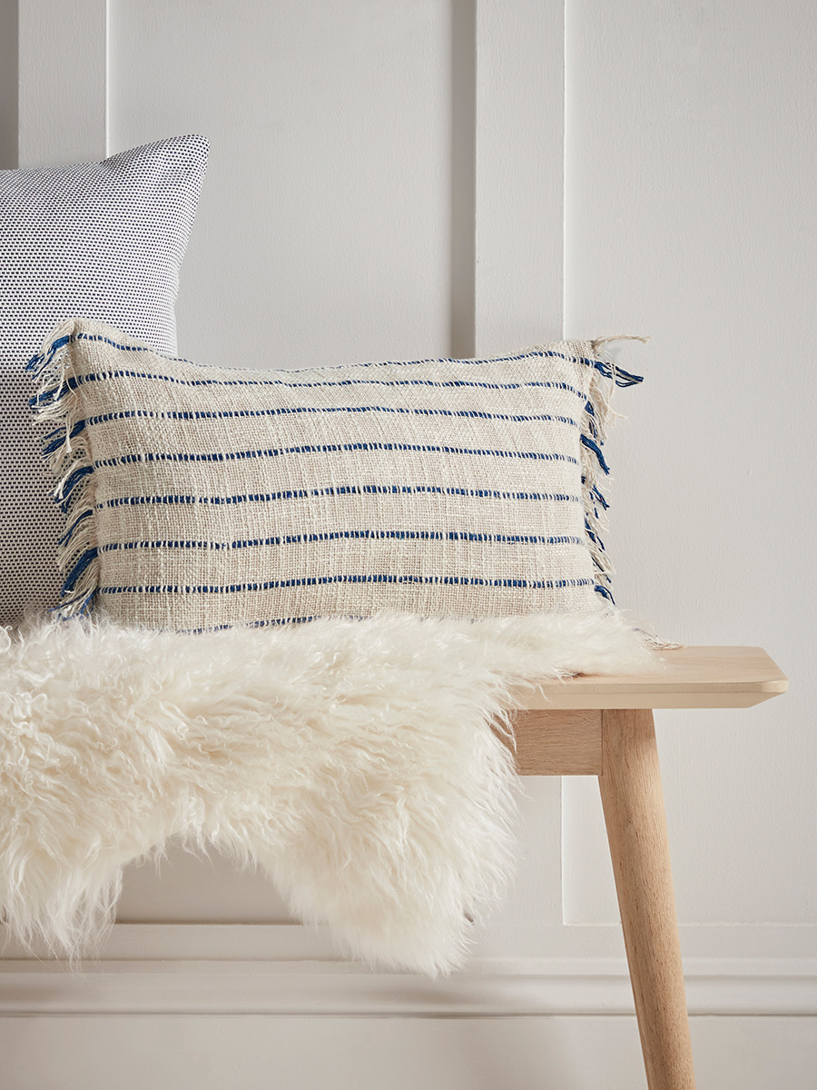 Photo of Blue striped tasselled cushion