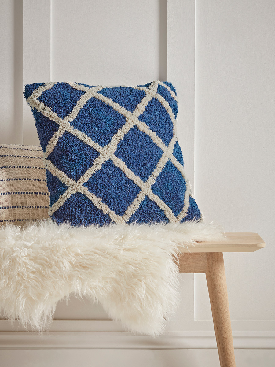 Product photograph of Blue And White Textured Diamond Cushion from Cox and Cox