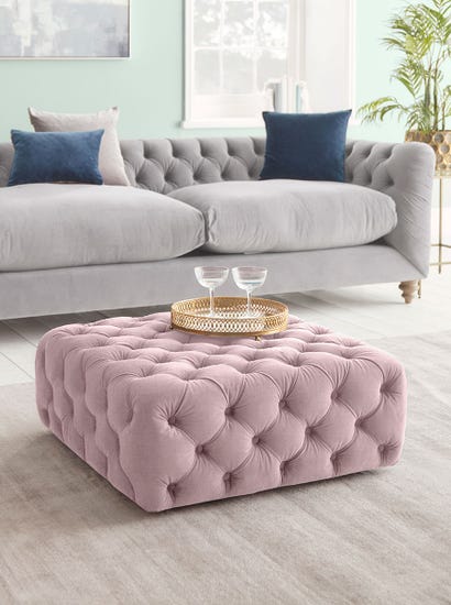 Dora Buttoned Ottoman - Mallow Linen Cotton Blend
