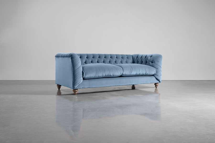 Dora Buttoned Three Seater Sofa - Mid Blue Velvet at Cox and Cox