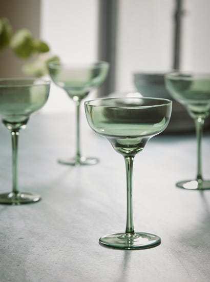 Four Olive Glass Champagne Coupes