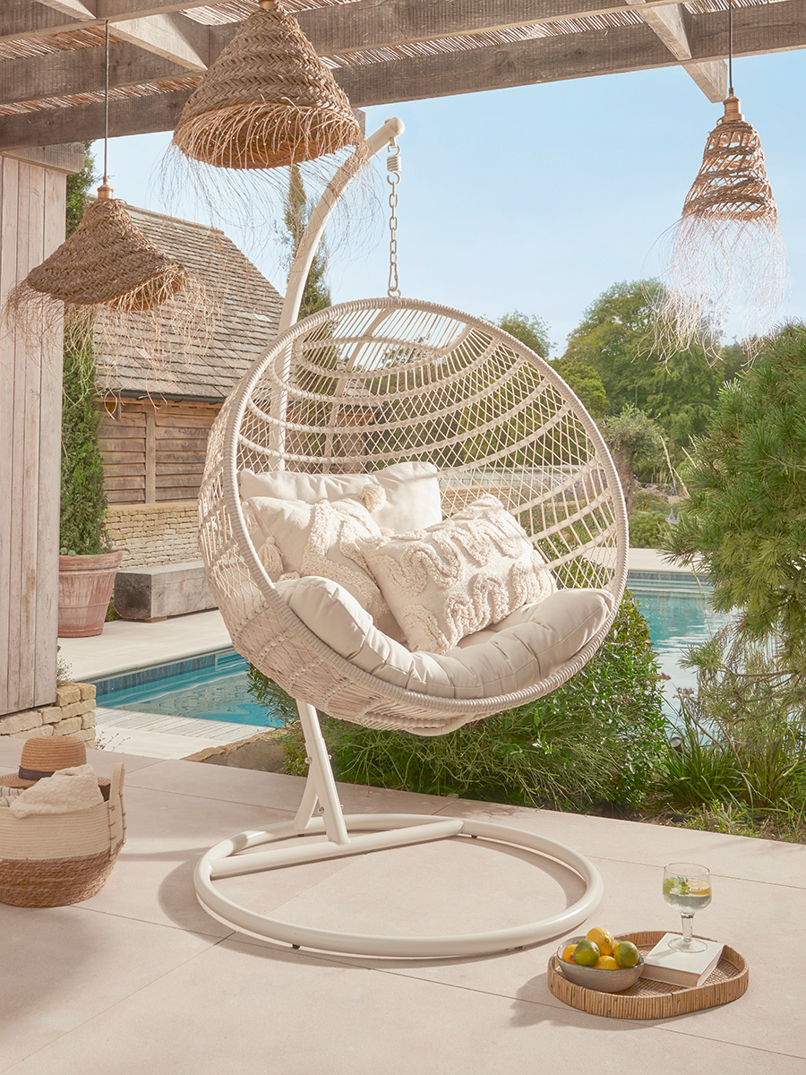 Product photograph of Tilos Geometric Hanging Chair - Oat from Cox and Cox