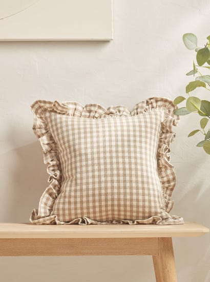 Gingham Ruffle Cushion - Natural
