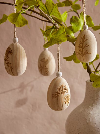 Five Etched Wooden Hanging Eggs