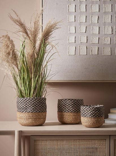 Three Black & Natural Seagrass Planters