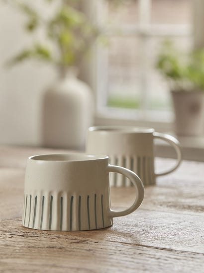 Two Fluted Striped Mugs - Olive