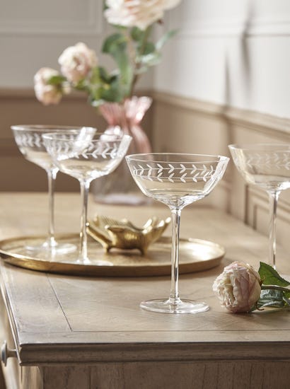 Four Leaf Engraved Champagne Coupes