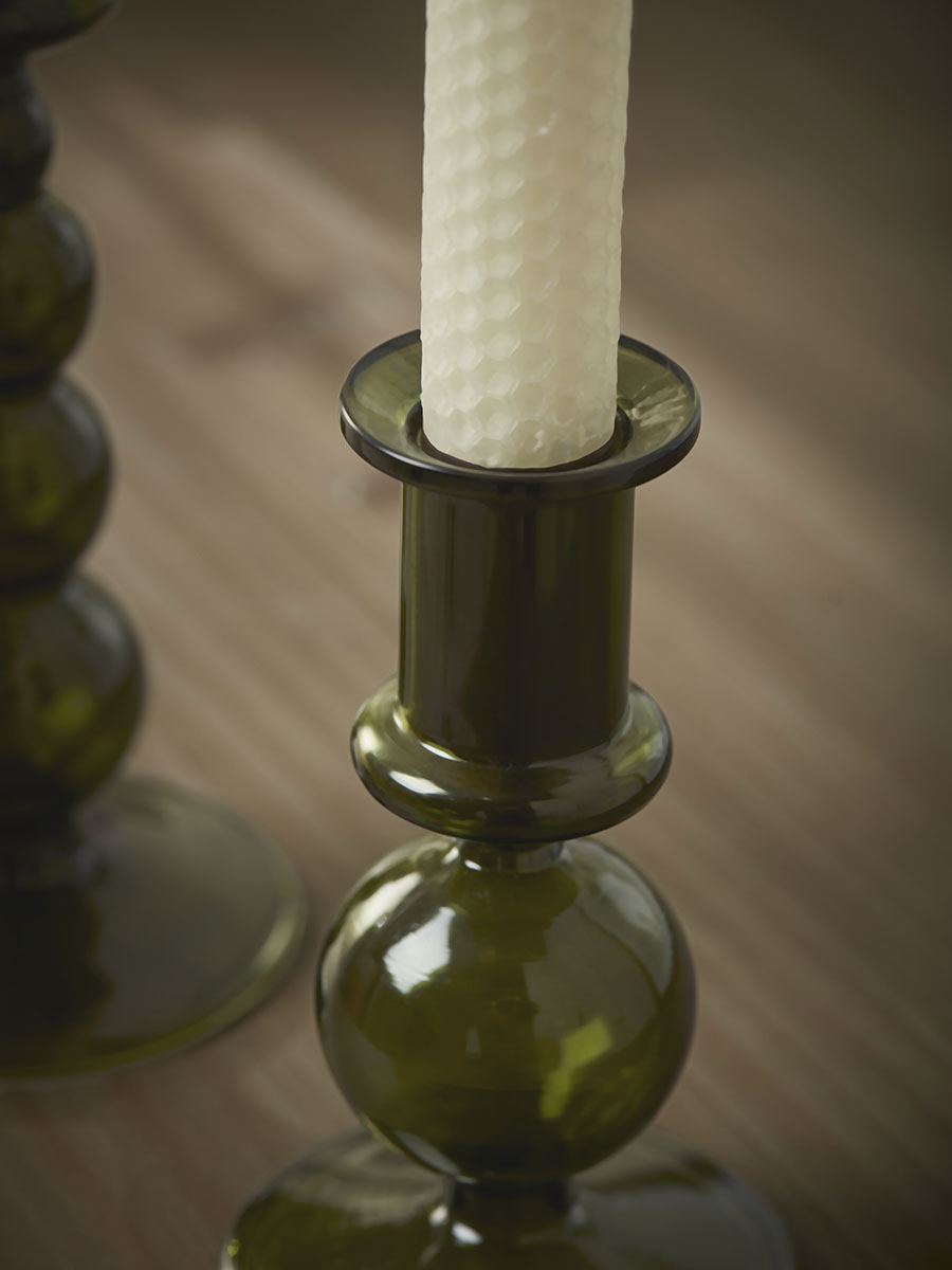 Product photograph of Olive Glass Dinner Candle Holder - Small from Cox and Cox.