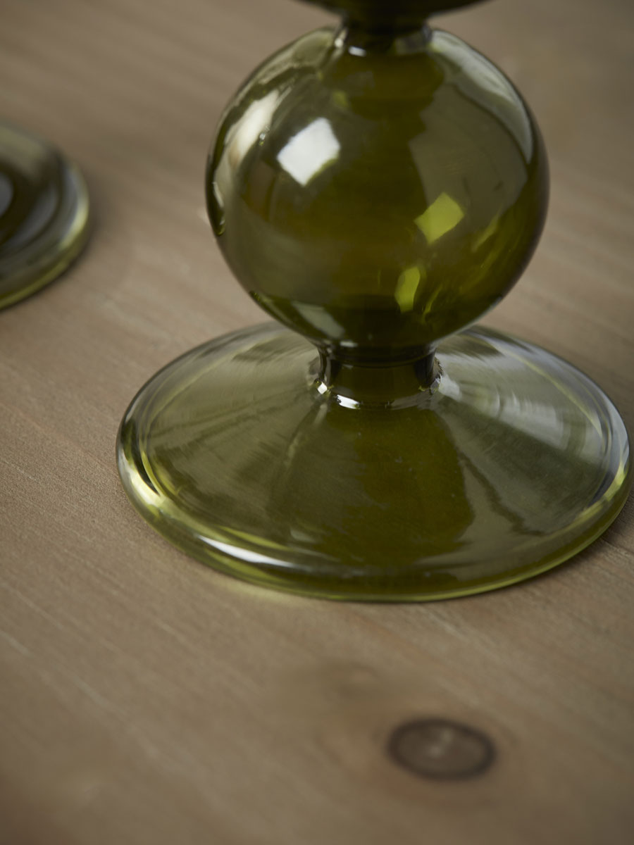 Product photograph of Olive Glass Dinner Candle Holder - Small from Cox and Cox.