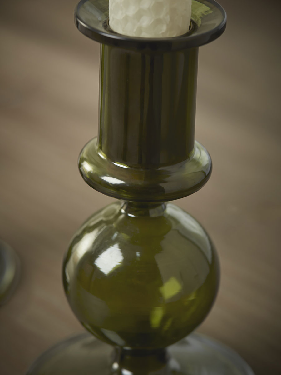 Product photograph of Olive Glass Dinner Candle Holder - Small from Cox and Cox.