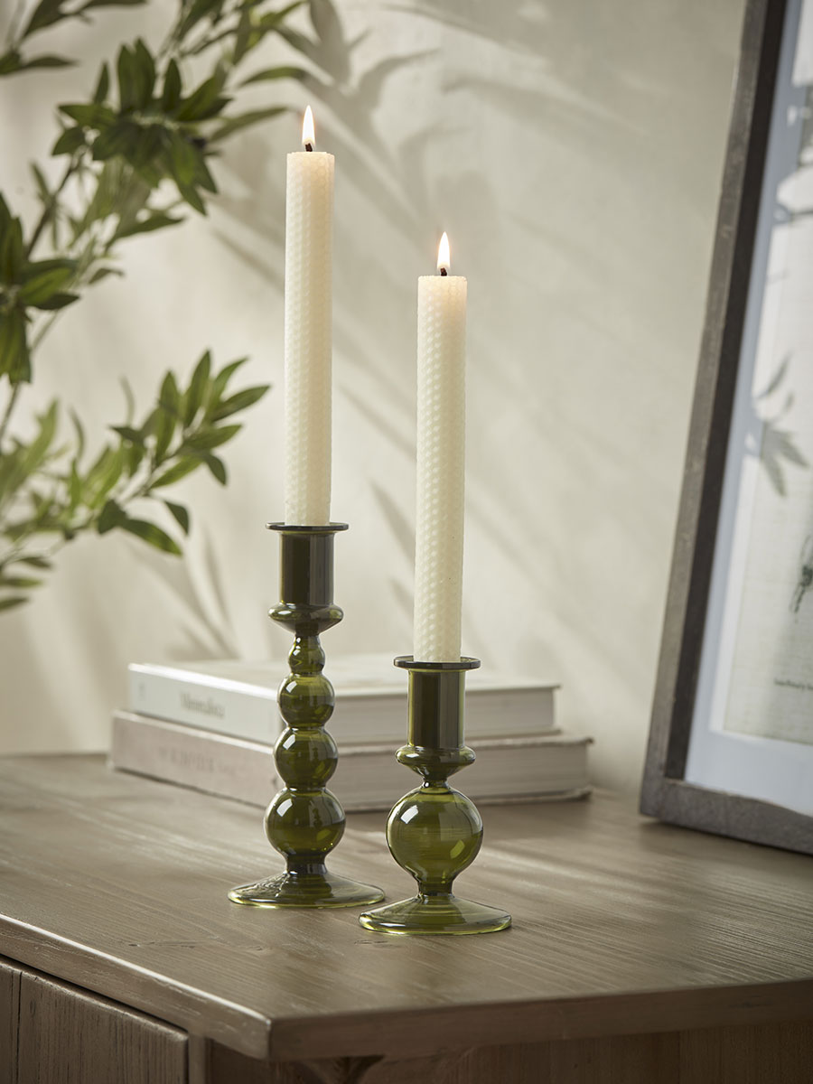 Product photograph of Olive Glass Dinner Candle Holder - Large from Cox and Cox.