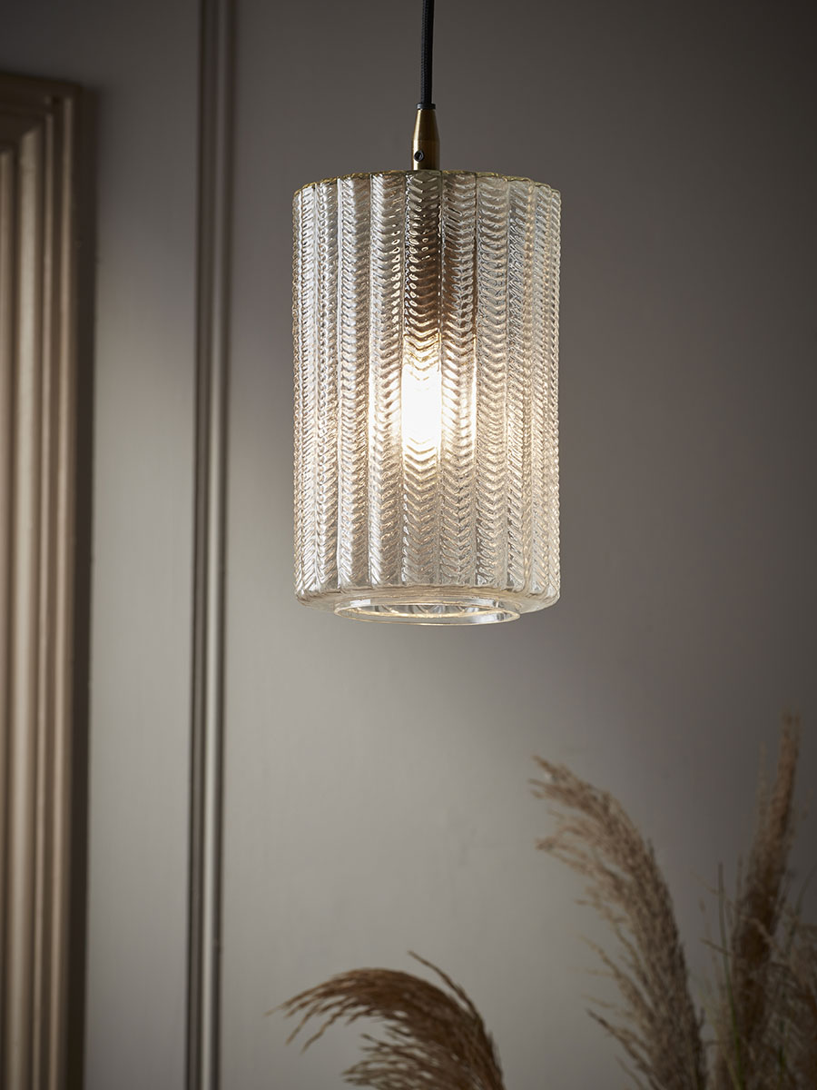 Product photograph of Herringbone Glass Pendant - Column from Cox and Cox.