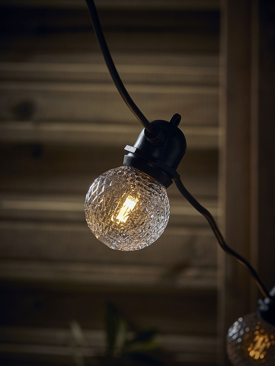 Product photograph of Three Solar Hammered Festoon Bulb Lights from Cox and Cox.
