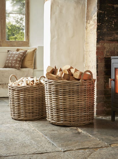 Two Rattan Log Baskets - Round
