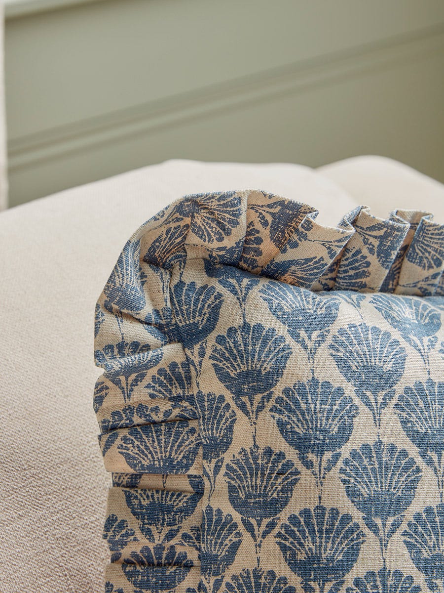 Product photograph of Ruffle Square Cushion - Swedish Blue Print from Cox and Cox.