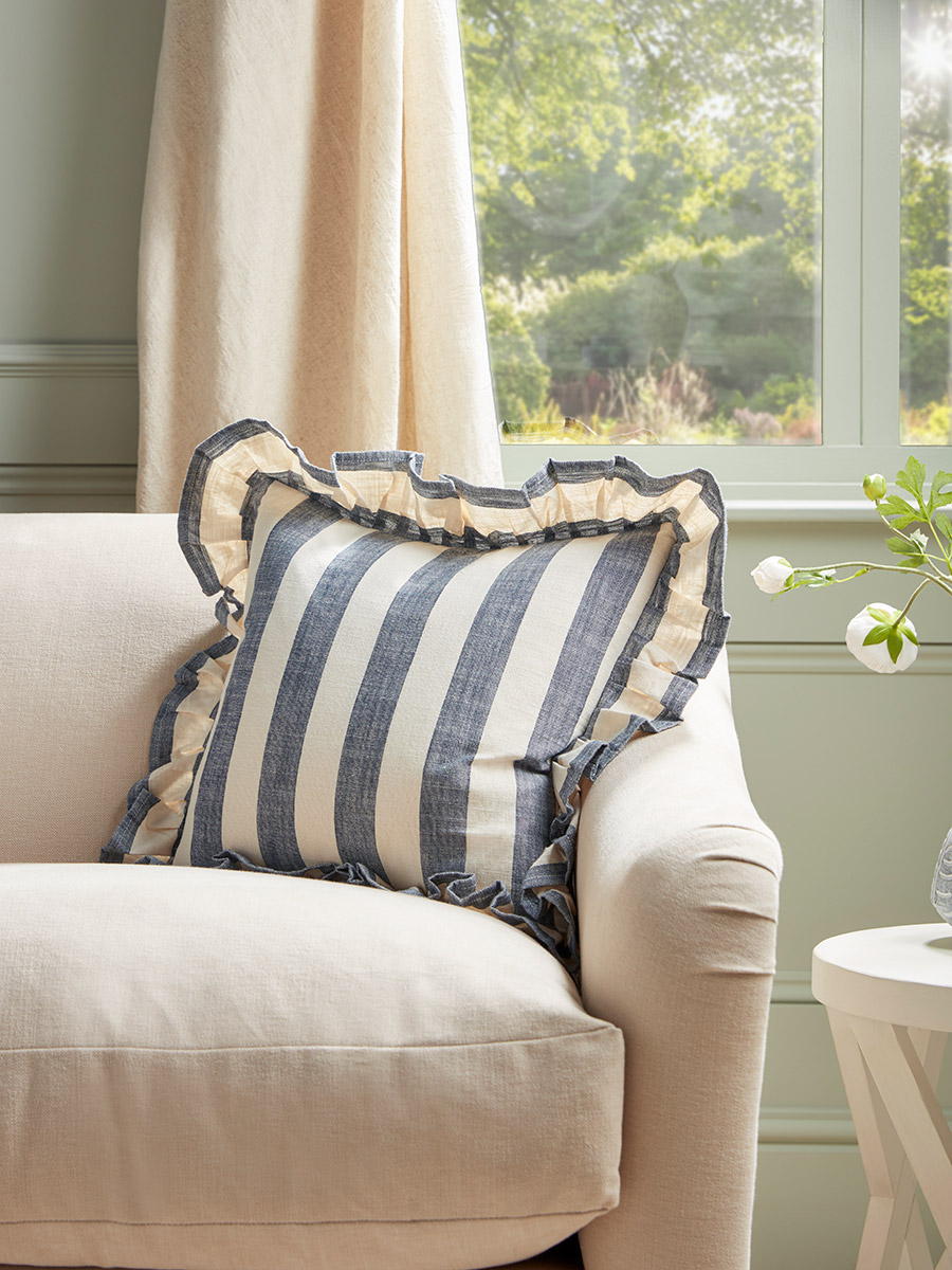 Product photograph of Ruffle Square Cushion - Nautical Stripe from Cox and Cox