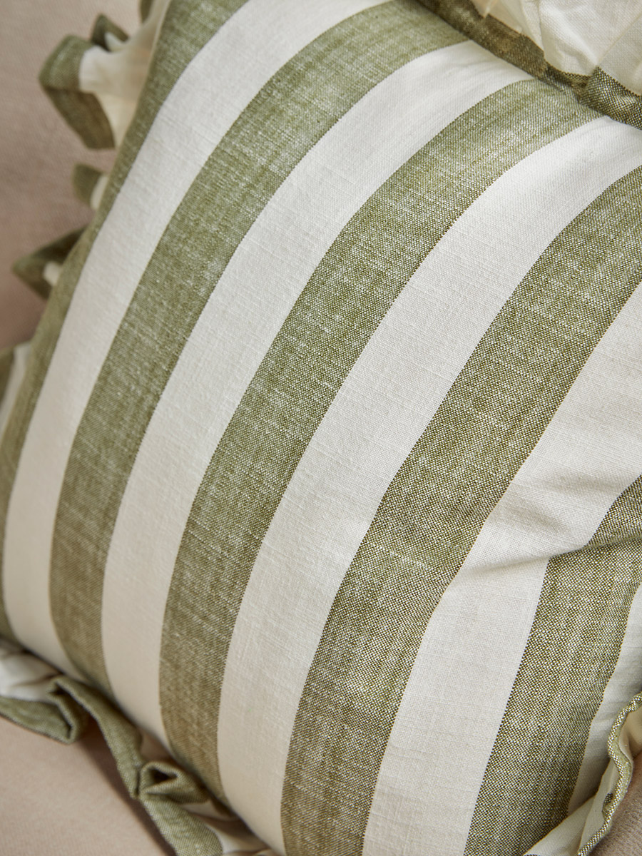Product photograph of Ruffle Square Cushion - Green Stripe from Cox and Cox.