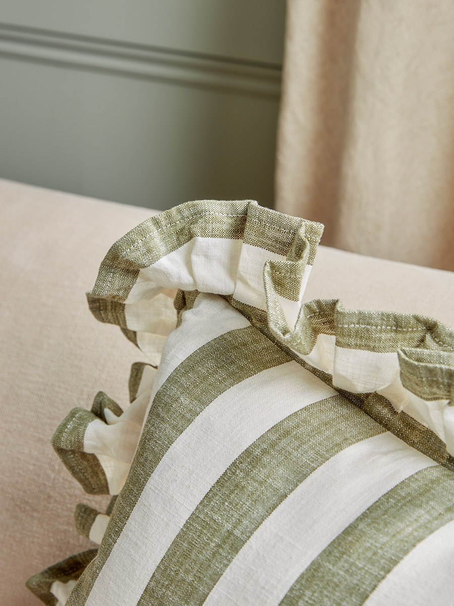 Product photograph of Ruffle Square Cushion - Green Stripe from Cox and Cox.