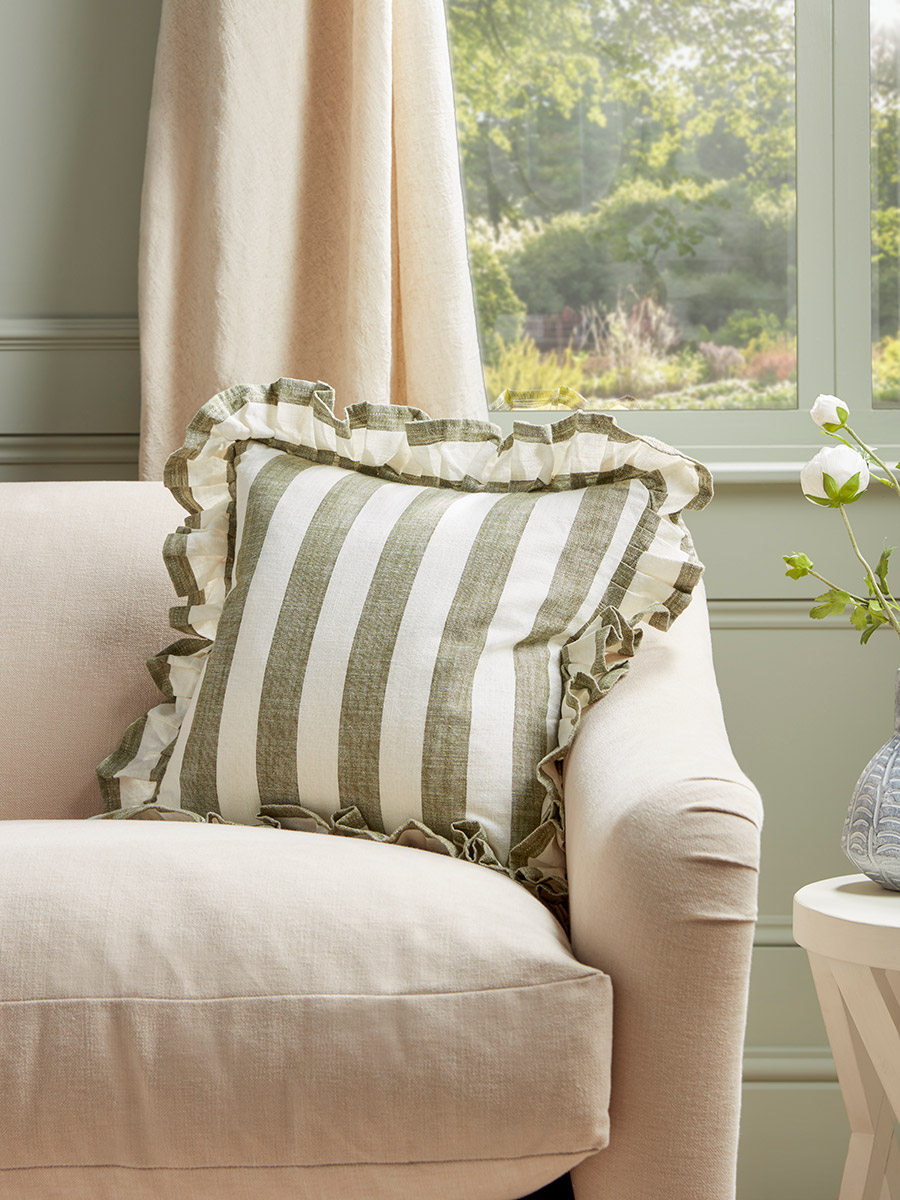 Product photograph of Ruffle Square Cushion - Green Stripe from Cox and Cox