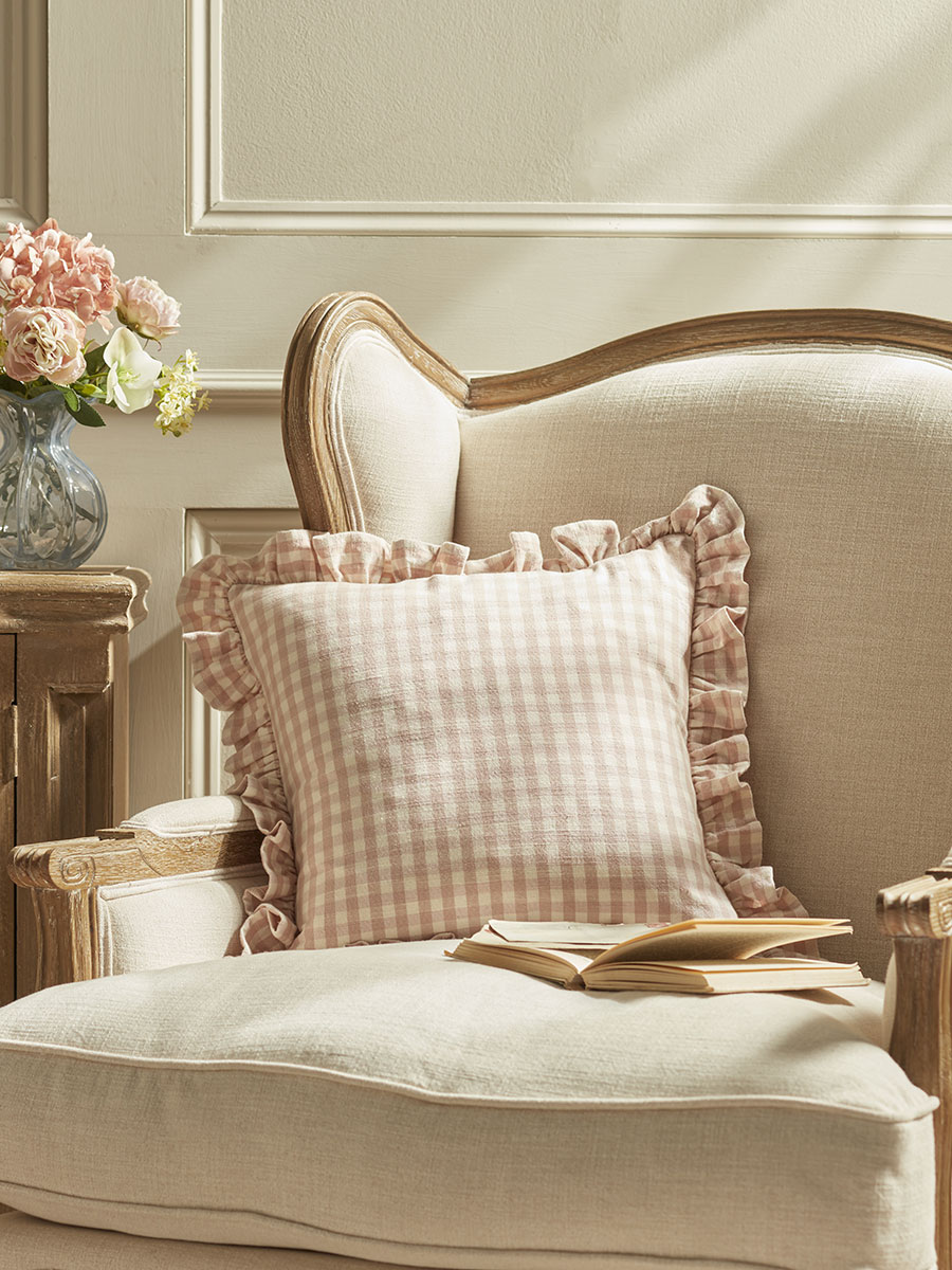 Product photograph of Gingham Ruffle Square Cushion - Blush from Cox and Cox