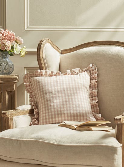 Gingham Ruffle Square Cushion - Blush