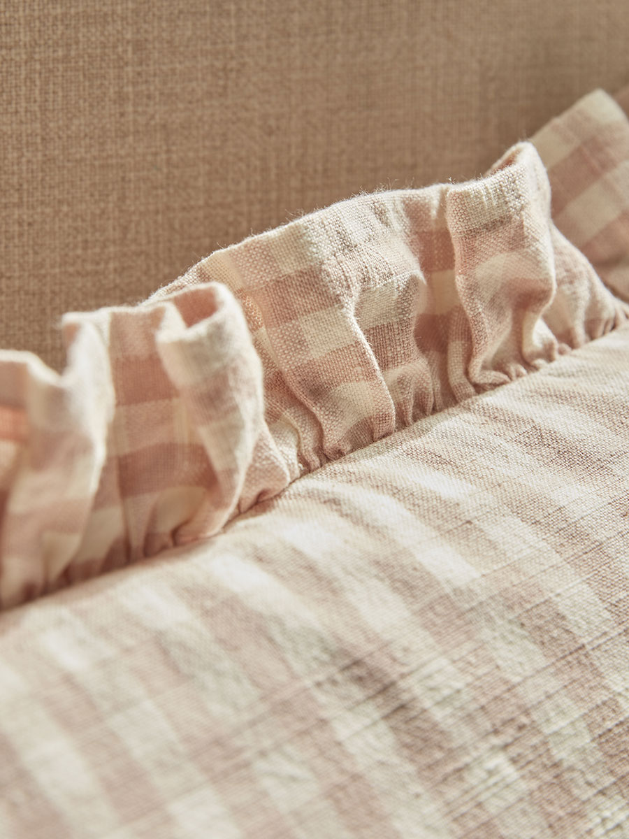Product photograph of Gingham Ruffle Rectangular Square Cushion - Blush from Cox and Cox.