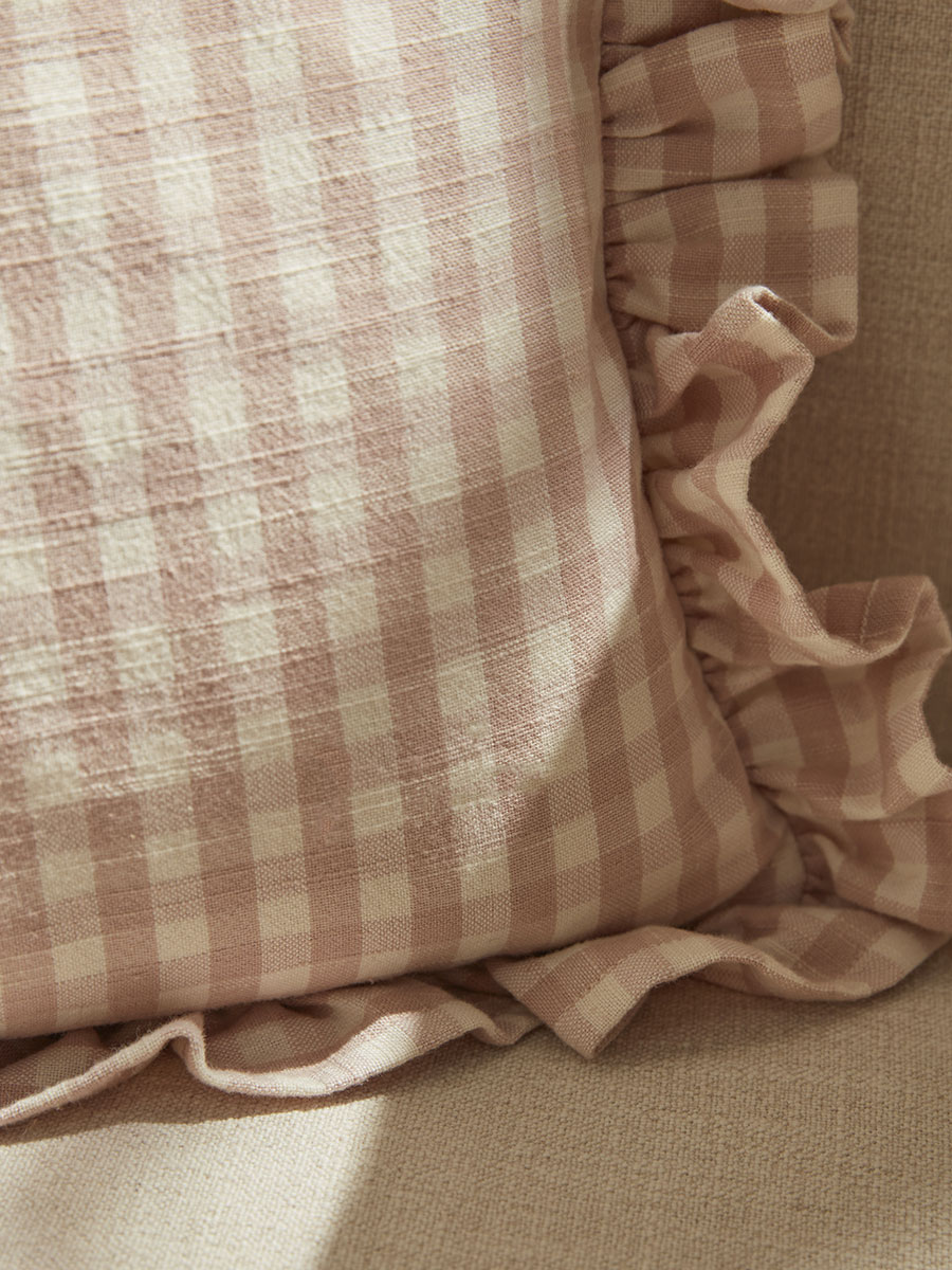 Product photograph of Gingham Ruffle Rectangular Square Cushion - Blush from Cox and Cox.