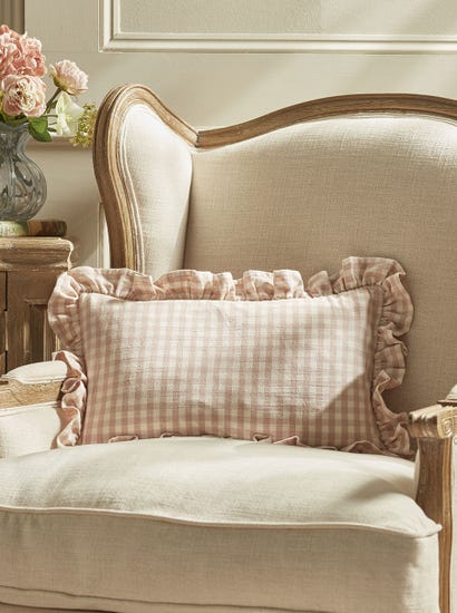 Gingham Ruffle Rectangular Square Cushion - Blush