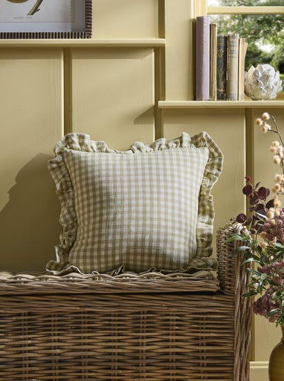Gingham Ruffle Square Cushion - Sage